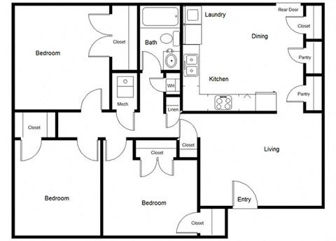 Floor plan for 3 beds, 1 bath, 1083 sqft